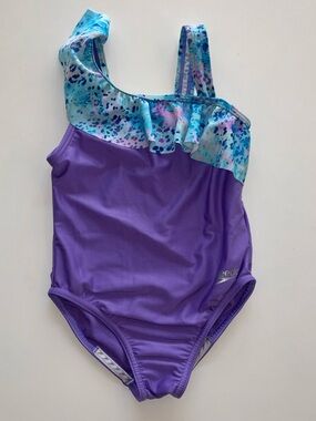 Girls Speedo Purple One Piece Swimsuit Ruffle Strap Blue Splash Print Size XS